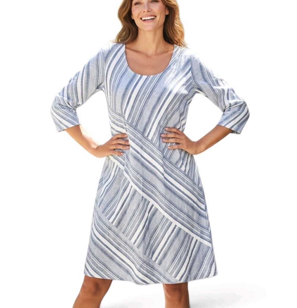Soft Surroundings Linen Dress Blue Stripe Coastal Nautical Resort Womens Small